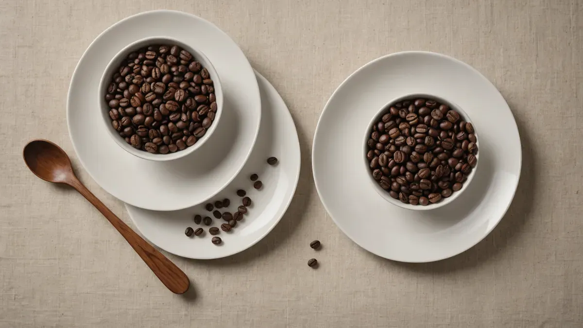 Deux bols blancs remplis de grains de café torréfiés, posés sur des assiettes sur une nappe en lin, avec une cuillère en bois à côté