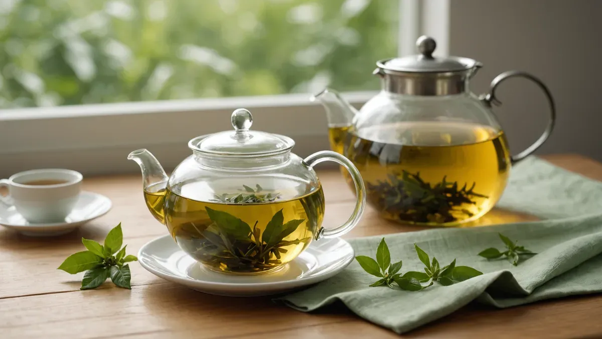 Deux théières en verre où infusent des feuilles de thé vert, sur une table en bois près d'une fenêtre, avec une tasse de thé et une serviette vert pâle