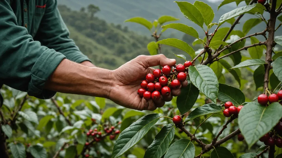 Main d'un cueilleur tenant une grappe de cerises de café rouges sur une branche de caféier, collines verdoyantes floues à l'arrière-plan
