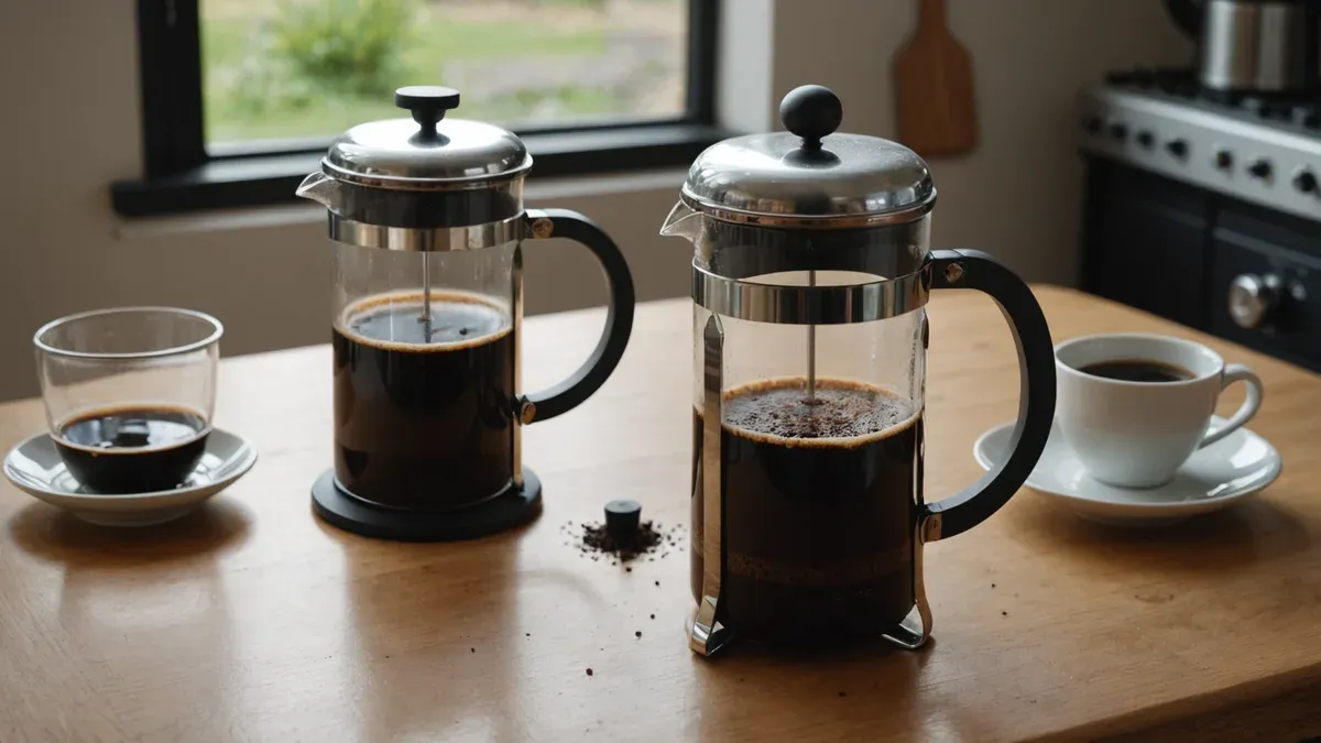 Deux cafetières à piston en verre remplies de café infusé, posées sur une table en bois près de tasses servies et d'un peu de café moulu