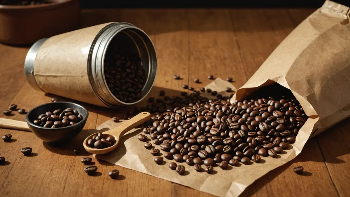 Grains de café torréfiés répandus hors d'un sachet kraft sur une table en bois, à côté d'une boîte de conservation couchée, d'un bol et d'une cuillère en bois