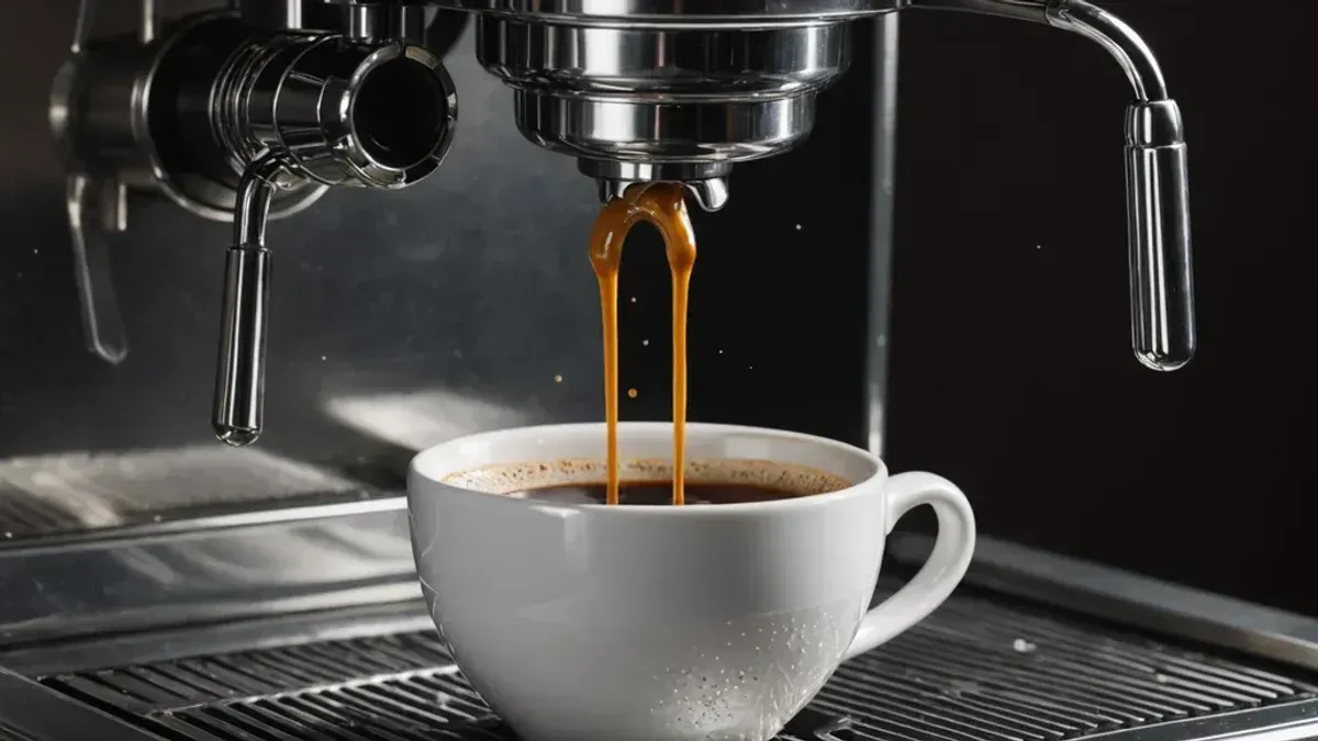 Café qui s'écoule du groupe chromé d'une machine à expresso dans une tasse blanche posée sur la grille d'égouttage, buse vapeur à droite
