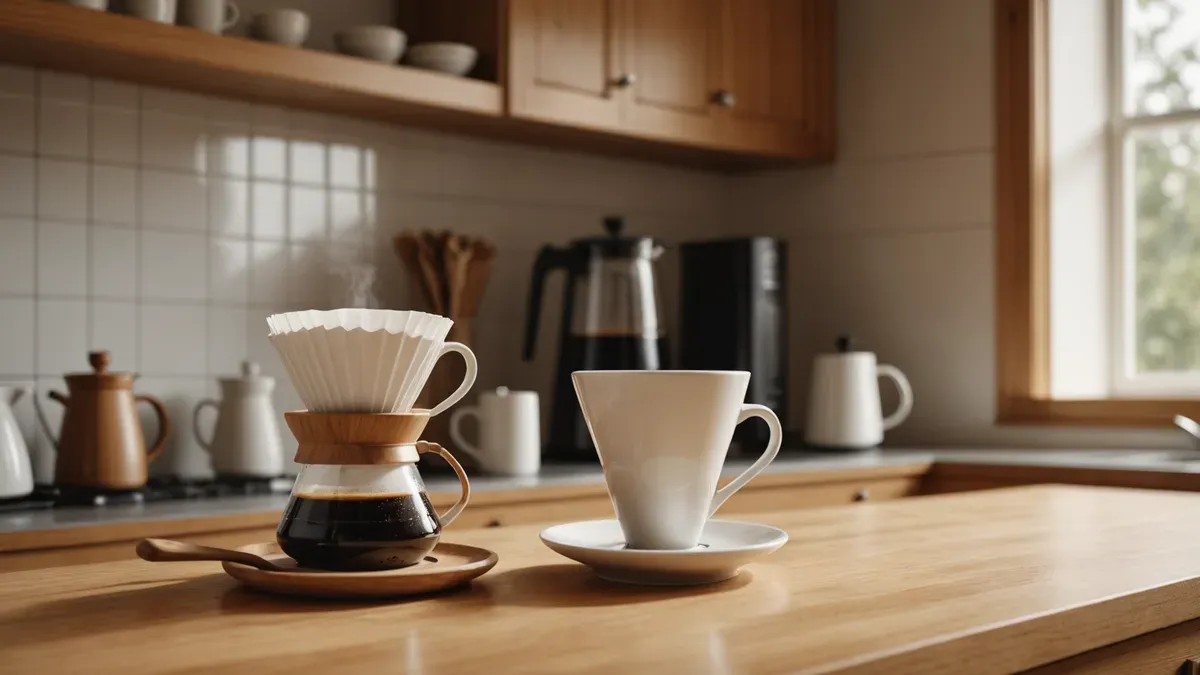 Cône à café en céramique garni d'un filtre en papier, posé sur une carafe en verre remplie de café, à côté d'une tasse blanche sur un plan de travail en bois clair