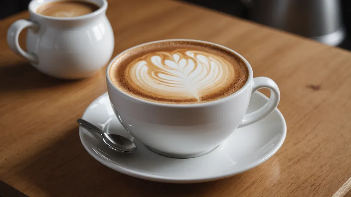 Cappuccino dans une tasse en porcelaine blanche, la mousse de lait dessinant une feuille sur le café, posé sur une soucoupe sur une table en chêne