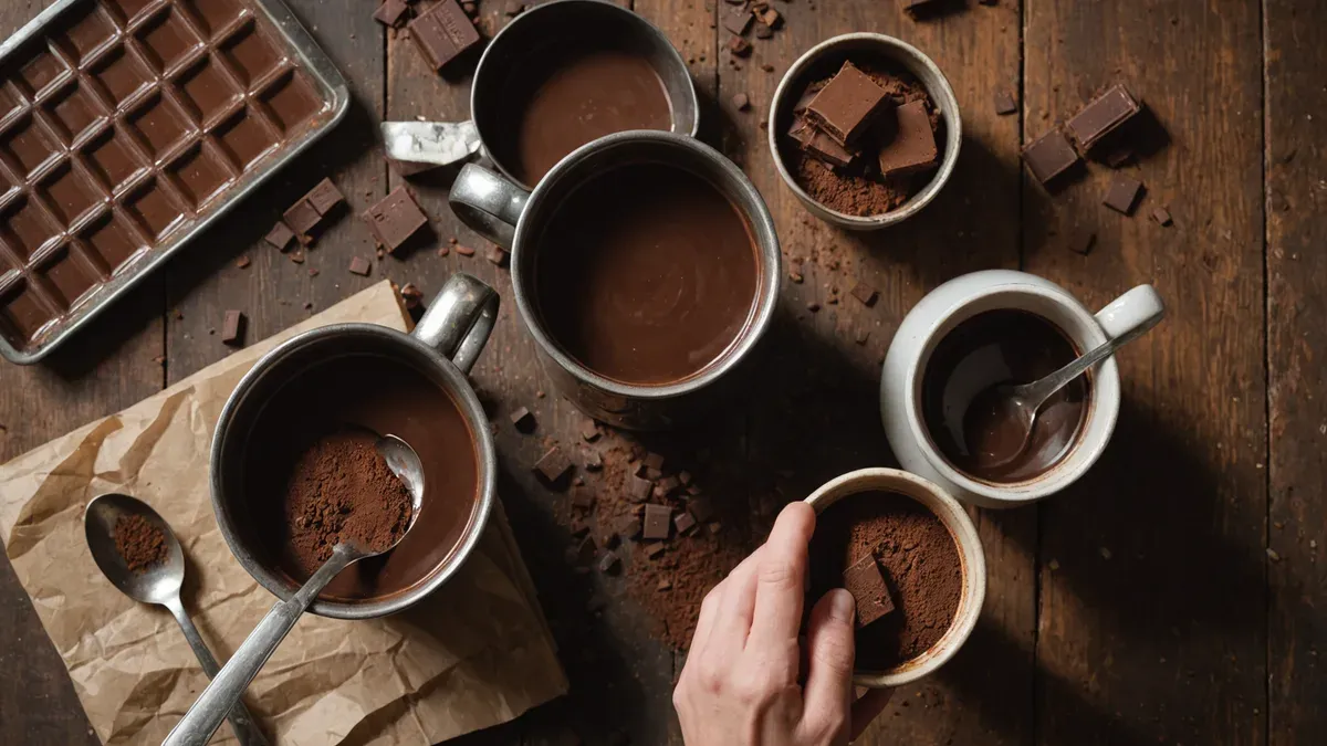 Vue de dessus de tasses de chocolat chaud sur une table en bois sombre, entourées de morceaux de tablette, de cacao en poudre en coupelle et de cuillères