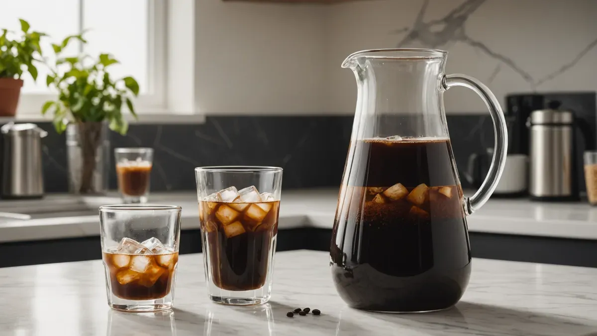 Carafe en verre remplie de café froid et deux verres de café glacé avec des glaçons, posés sur un plan de travail en marbre clair