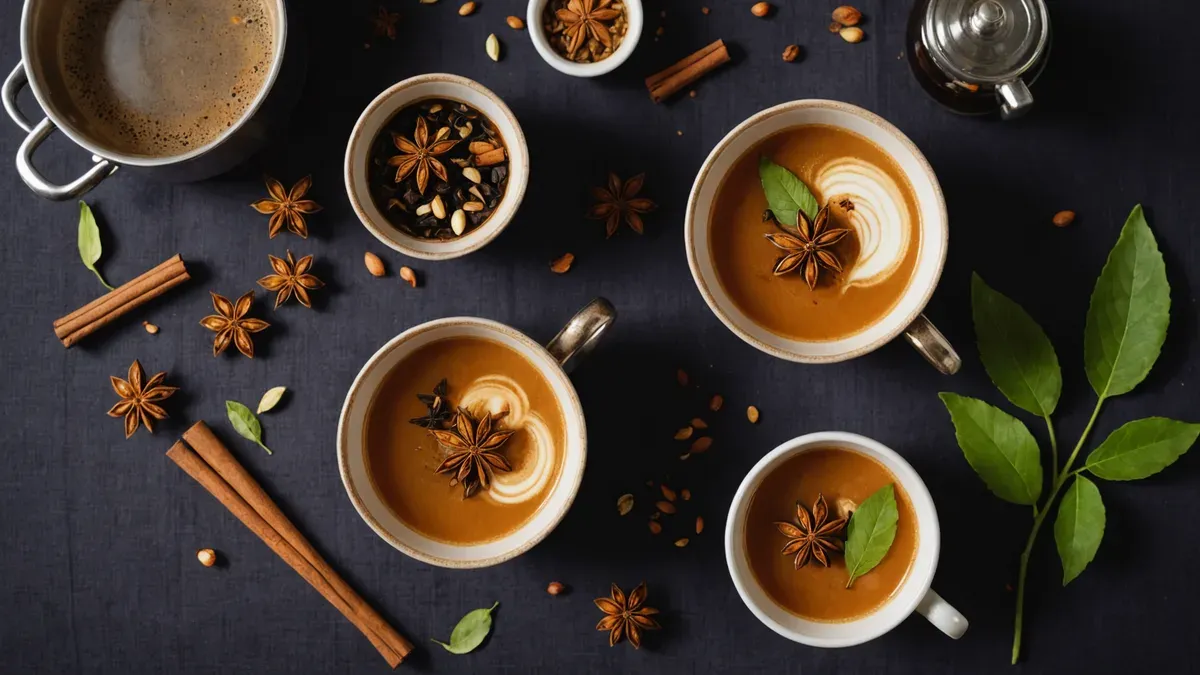 Vue de dessus de tasses de chai latte mousseux entourées de bâtons de cannelle, d'étoiles de badiane et de feuilles de thé sur une nappe sombre, près d'une casserole
