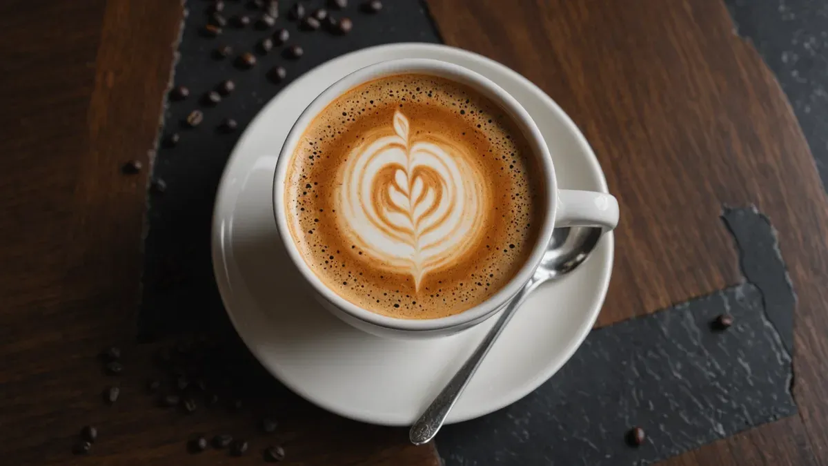 Petite tasse blanche vue de dessus, café à la crème mouchetée ornée d'un motif, cuillère sur la soucoupe et grains éparpillés sur un bois sombre