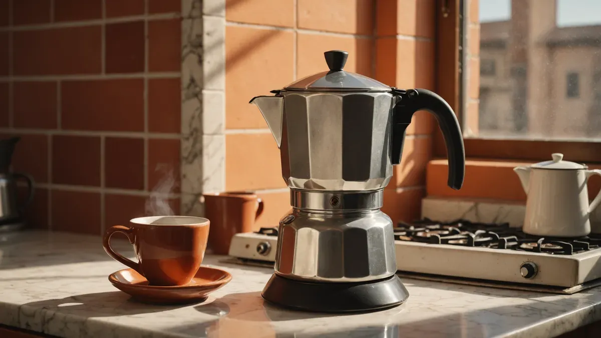 Cafetière italienne octogonale en aluminium sur un plan de travail en marbre, près d'une tasse de café fumante et d'une gazinière, devant un mur de carreaux ocre au soleil