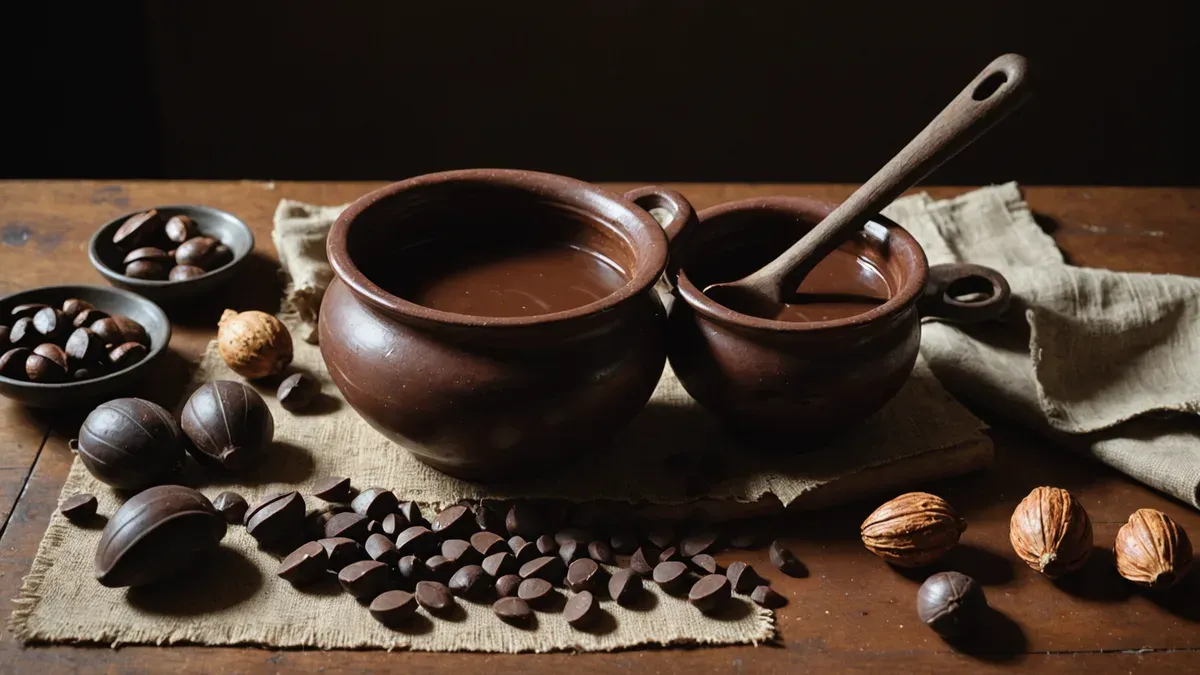 Chocolatière en terre cuite et moussoir en bois tourné près d'un bol de chocolat épais et de fèves de cacao décortiquées, sur une table de bois patiné