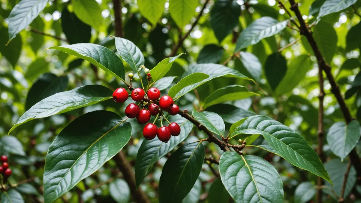 Branche de caféier aux feuilles vert sombre portant une grappe de cerises rouges, sous le couvert ombragé d'arbres forestiers