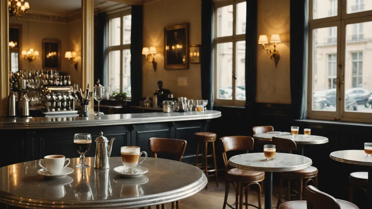 Salle d'un bistrot parisien au petit matin : comptoir, tables rondes à plateau métallique, tasses de café et chaises en bois devant de grandes fenêtres
