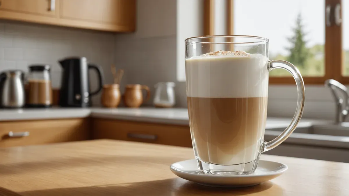 Grand verre de latte macchiato surmonté d'une épaisse couche de mousse de lait, posé sur un plan de travail en bois clair dans une cuisine lumineuse