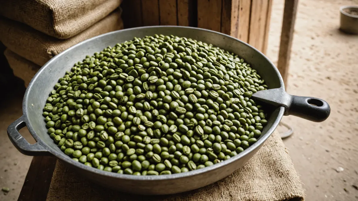Grand plateau métallique rempli de grains de café vert posé sur de la toile de jute, sacs unis empilés en arrière-plan