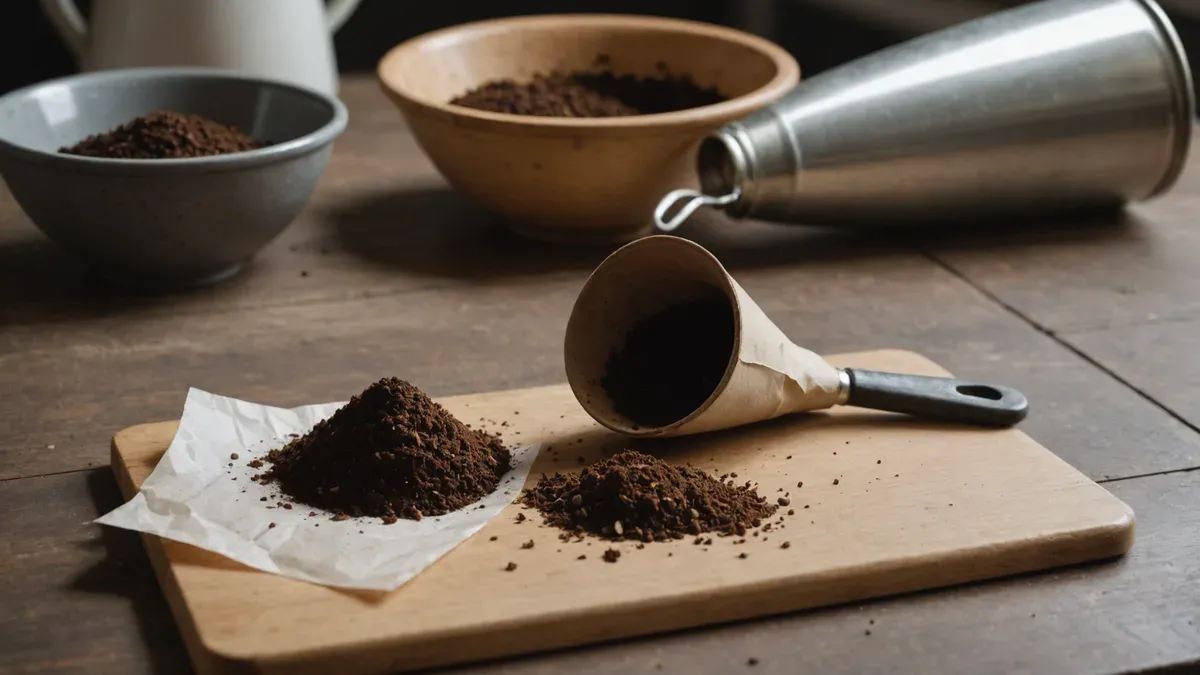 Marc de café humide renversé d'un porte-filtre sur une planche en bois, à côté d'un seau de collecte des déchets de cuisine et d'une cuillère