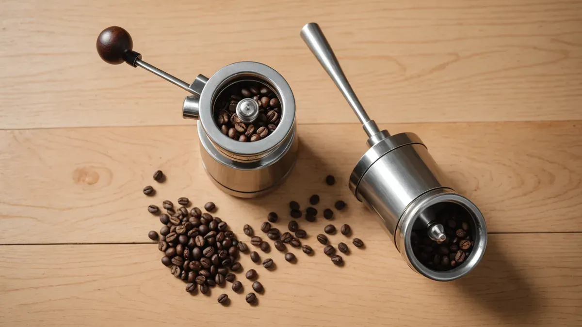 Deux moulins à café manuels cylindriques en inox posés sur une planche en bois clair, entourés de grains de café torréfiés