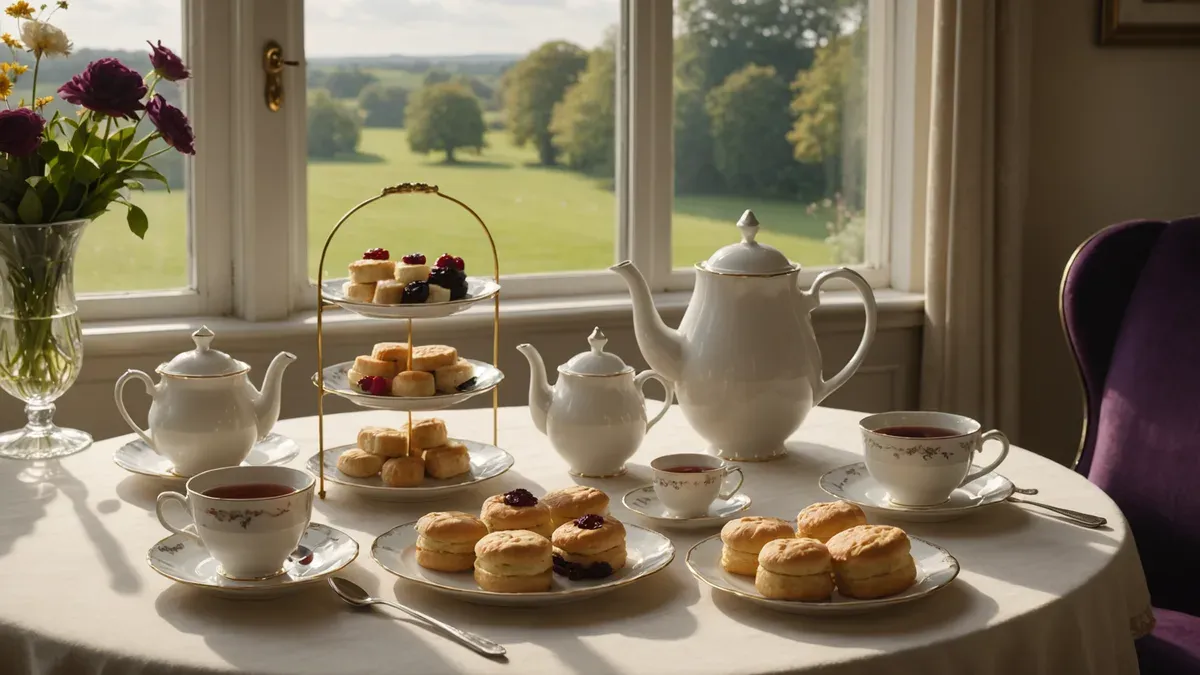 Table ronde dressée pour le thé devant une fenêtre donnant sur un parc : théières en porcelaine blanche, tasses de thé, scones et présentoir à étages
