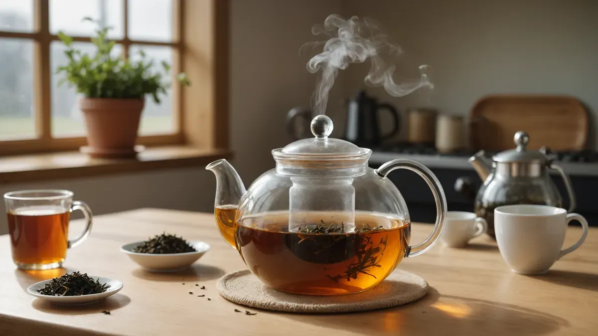Théière en verre fumante sur une table en bois clair, feuilles de thé qui infusent dans une eau ambrée, coupelles de feuilles sèches et tasses blanches autour