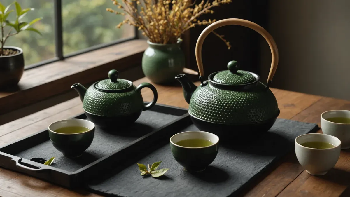 Deux théières japonaises en fonte à picots, d'un vert sombre, et des tasses de thé vert sur un plateau en ardoise posé sur une table en bois