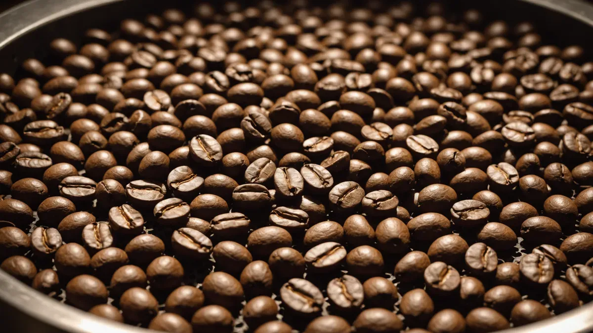 Grains de café tout juste torréfiés, d'un brun moyen, étalés en gros plan dans un bac rond en acier sous une lumière chaude